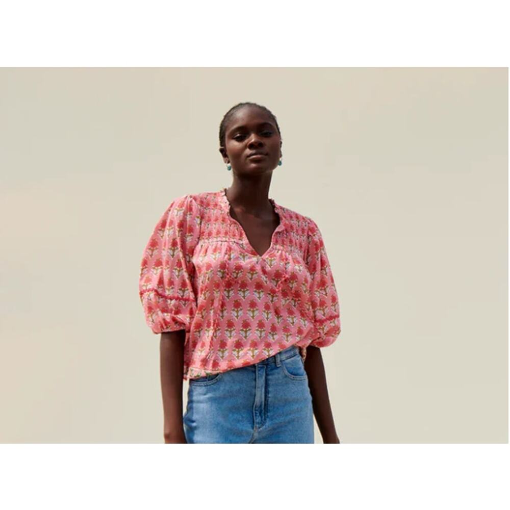 Saylor Top Women Small Davina Blouse Floral V Neck Balloon Sleeves Lightweight